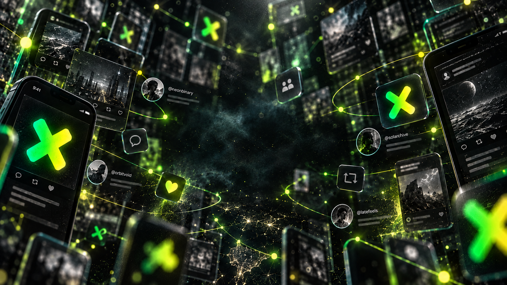 A luminous network of social profiles connected by green and yellow X marks